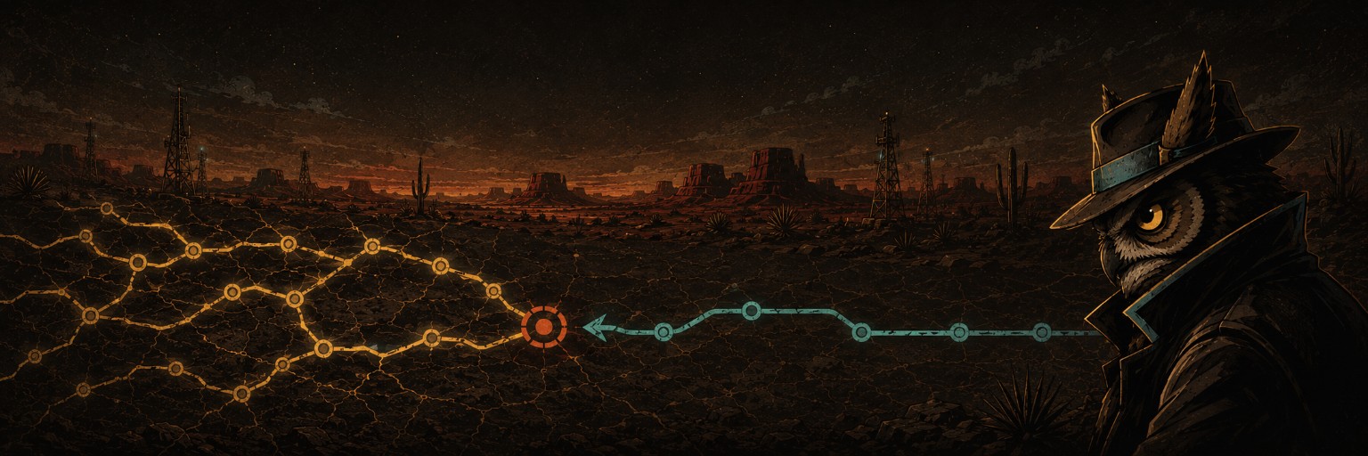 An owl directs a clean teal path through a red bottleneck toward a tangled yellow workflow.